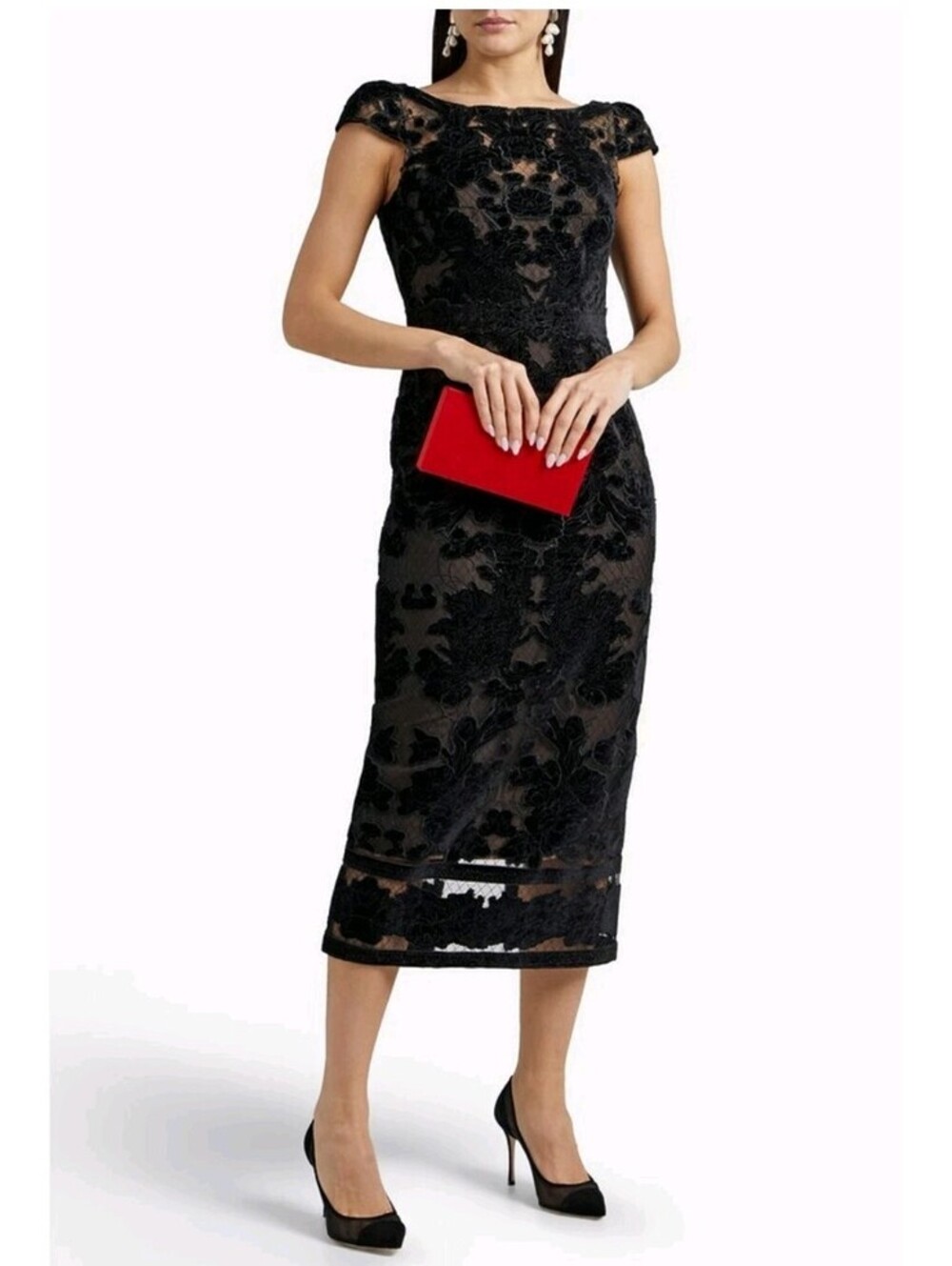Marchesa Notte - Black Embroidered Lace-Appliqued Stretch Tulle Midi Dress - 10